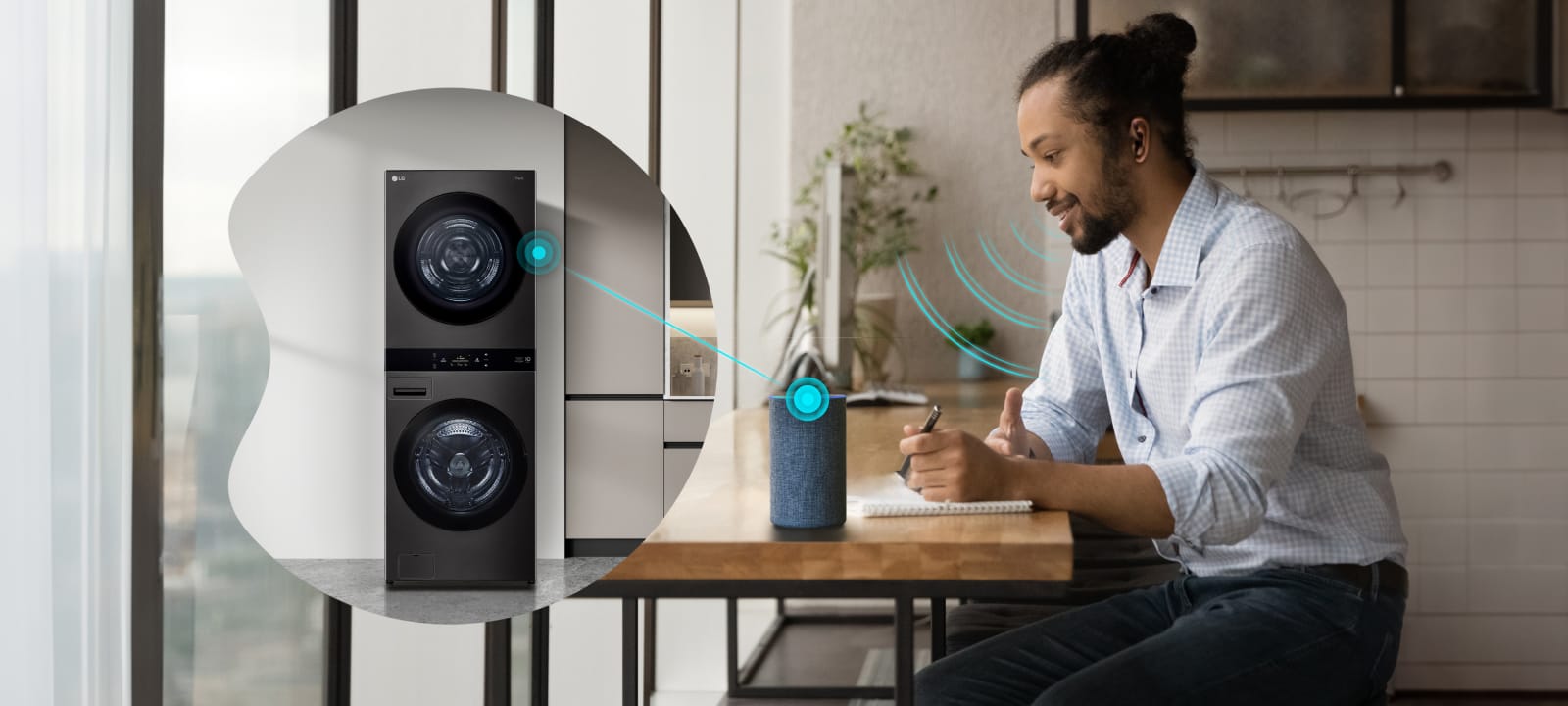 A man controlling the LG washtower with voice assistant