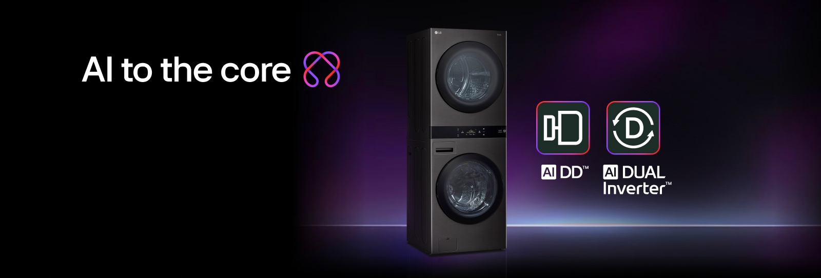 LG washtower with LG AI logo and emblem(AI to the core, AI DD, and AI Dual Inverter)