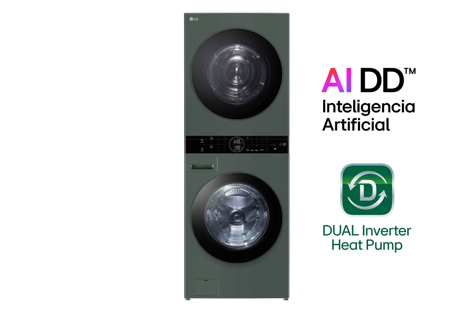 Vista frontal de LG WashTower™ de 25kg de Lavado / 20kg de Secado - AI DD™, ThinQ™ con Motor Dual Inverter Heat Pump, Verde oscuro + Microondas LG NeoChef™ 20 L EasyClean™, Negro WK25GMS2032