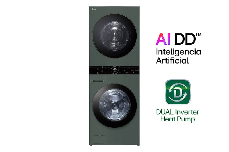 Vista frontal de LG WashTower™ de 25kg de Lavado / 20kg de Secado - AI DD™, ThinQ™ con Motor Dual Inverter Heat Pump, Verde oscuro + Microondas LG NeoChef™ 20 L EasyClean™, Negro WK25GMS2032