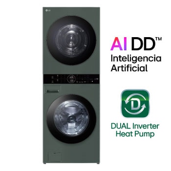 Vista frontal de LG WashTower™ de 25kg de Lavado / 20kg de Secado - AI DD™, ThinQ™ con Motor Dual Inverter Heat Pump, Verde oscuro + Microondas LG NeoChef™ 20 L EasyClean™, Negro WK25GMS2032
