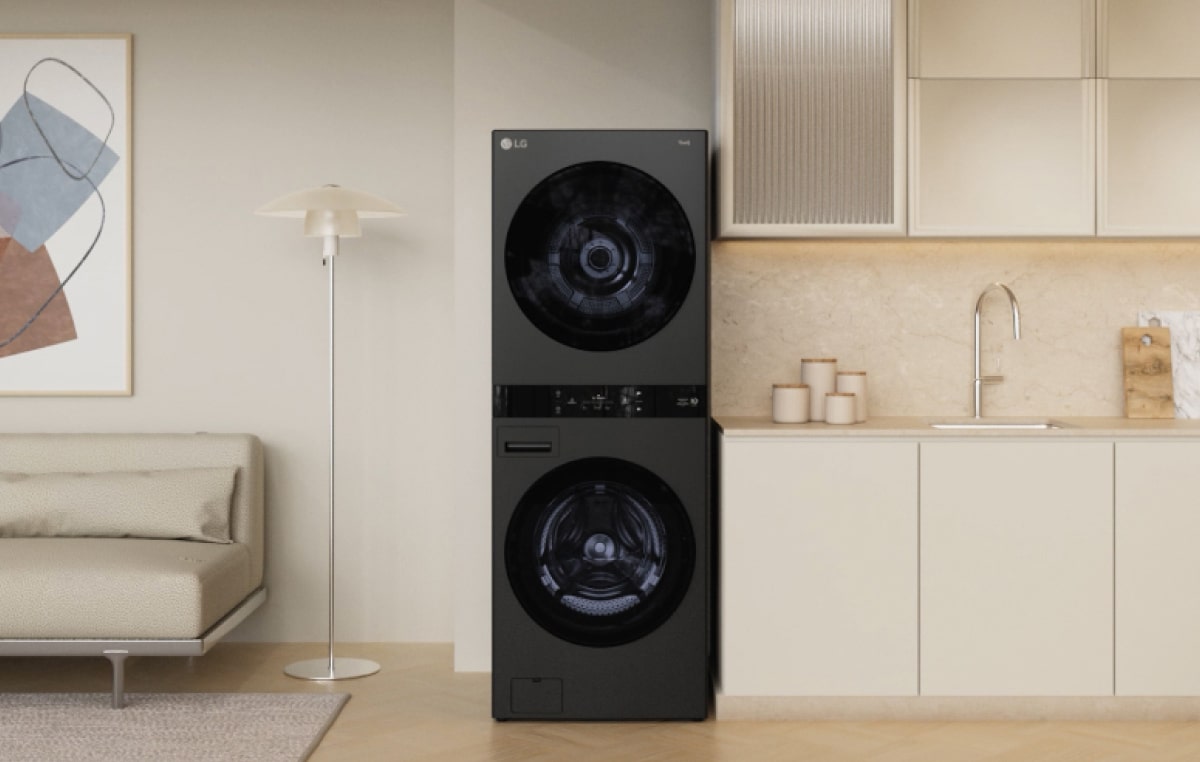 A video zoomimg out of the center control panel and showing washtower in various spaces such as living room and laundry room