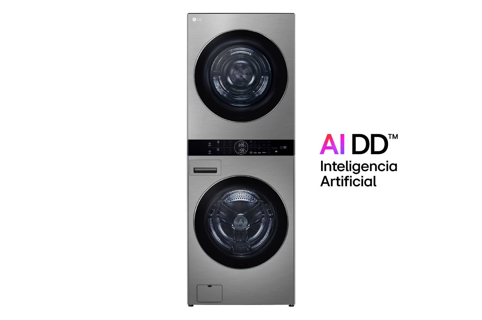 Vista frontal de LG WashTower™ de 25kg de Lavado / 20kg de Secado - AI DD™, ThinQ™ con Motor Dual Inverter Heat Pump, Platinum Silver WK25VSS6