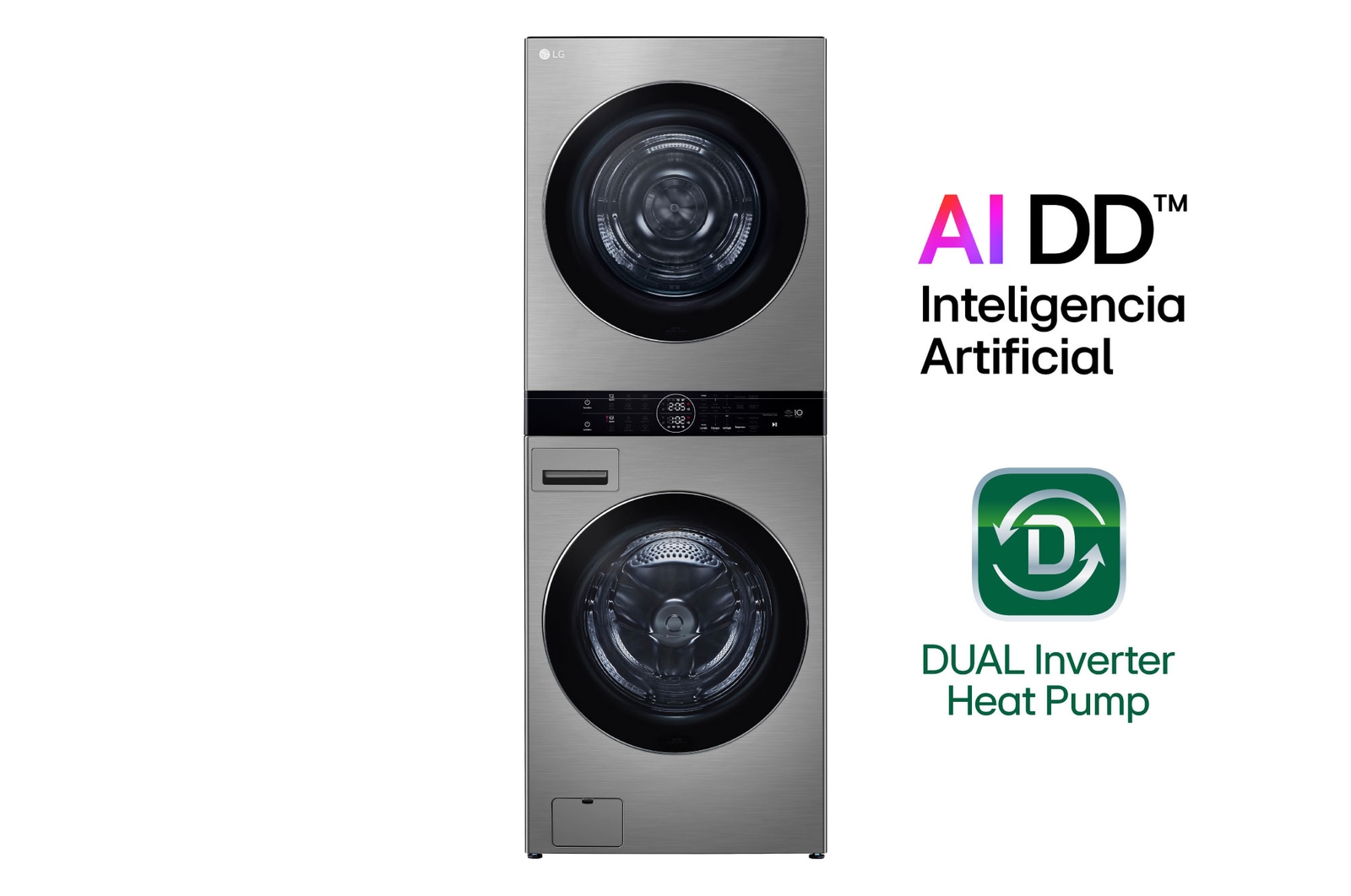 Vista frontal de LG WashTower™ de 25kg de Lavado / 20kg de Secado - AI DD™, ThinQ™ con Motor Dual Inverter Heat Pump, Platinum Silver WK25VSS6
