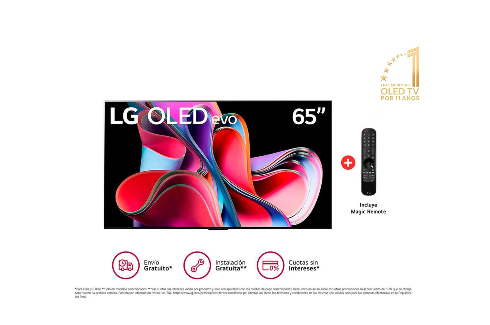 LG  LG OLED evo 65" G3 Diseño Galería 4K Smart TV con ThinQ AI (Inteligencia Artificial), 4K Procesador Inteligente α9 generación 6 (2023), OLED65G3PSA