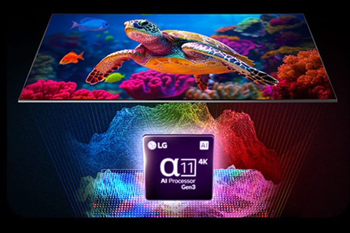 Underwater sea turtle scene above an LG α11 4K AI Processor Gen3 chip graphic with colorful light effects