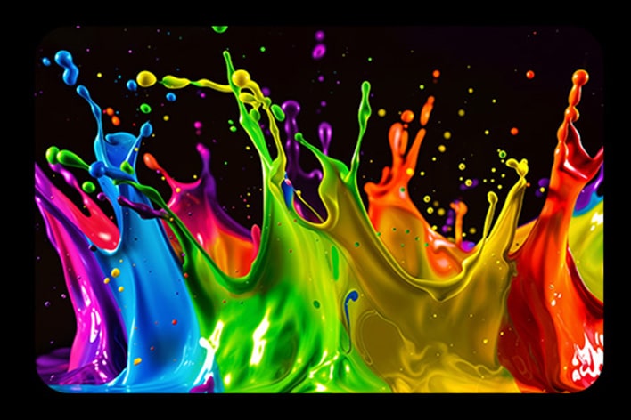 Bright multicolor paint splashes on a black background, showing vivid color intensity