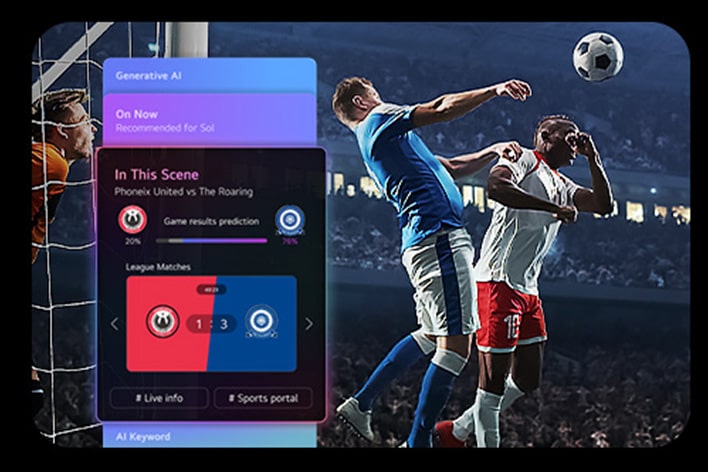 Soccer action scene with an on-screen AI sports interface panel showing predictions and match info