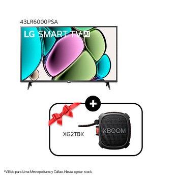 Vista frontal de LG FHD TV, LR60 con texto de LG SMART TV AI y 2024 en pantalla con soporte de 2 polos