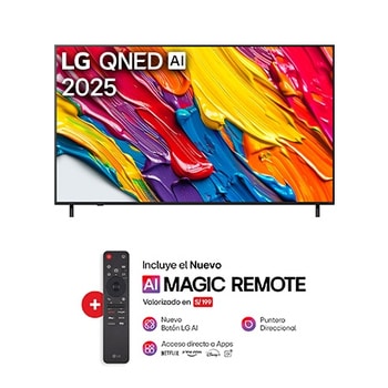 Vista de frente del televisor LG QNED82 TV, logotipo de LG QNED Al en la esquina superior. La LG QNED TV muestra coloridas texturas como la pintura que se combinan.