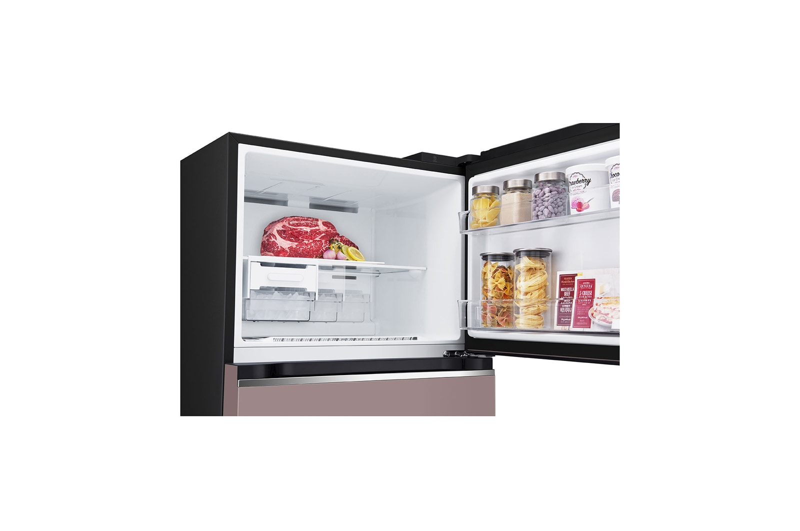 top freezer opened with moving ice maker attached and food stored