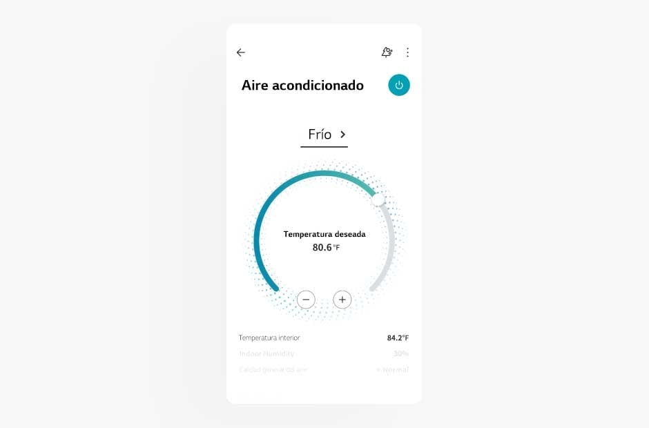 La imagen muestra la pantalla de un aire acondicionado en la aplicación LG ThinQ