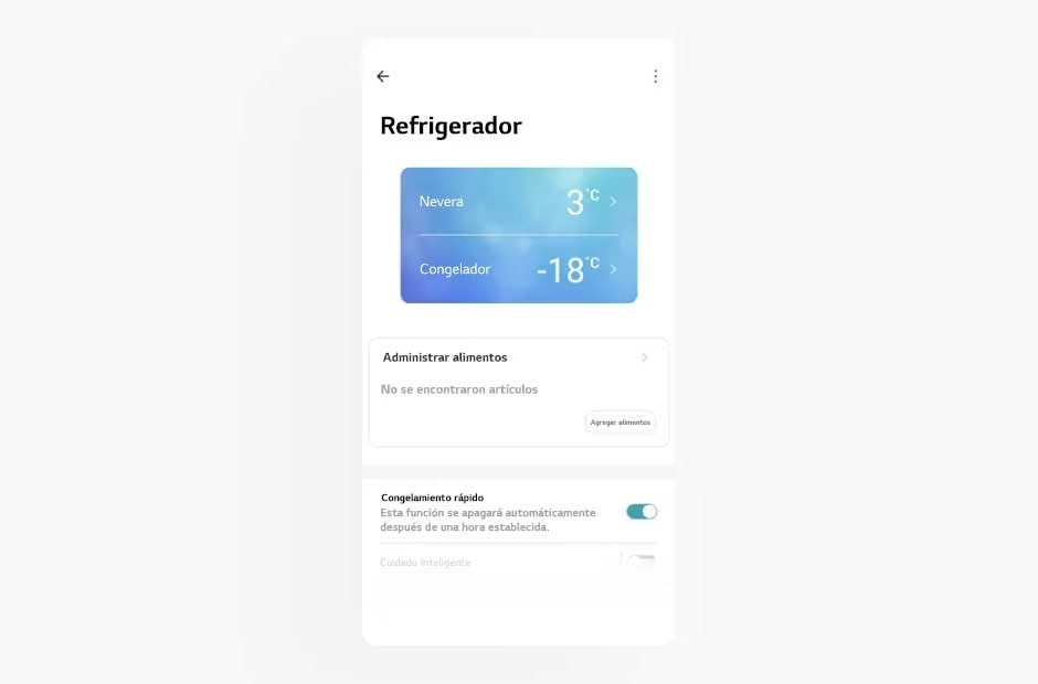 La imagen muestra la pantalla de un refrigerador en la aplicación LG ThinQ