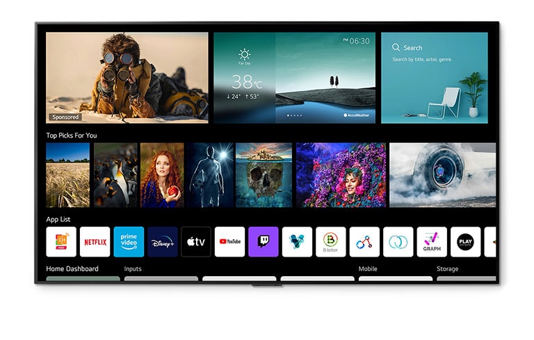 Una pantalla de televisión que muestra el clima, lo más destacado, las aplicaciones y el panel de control de la casa para mayor comodidad de los usuarios.