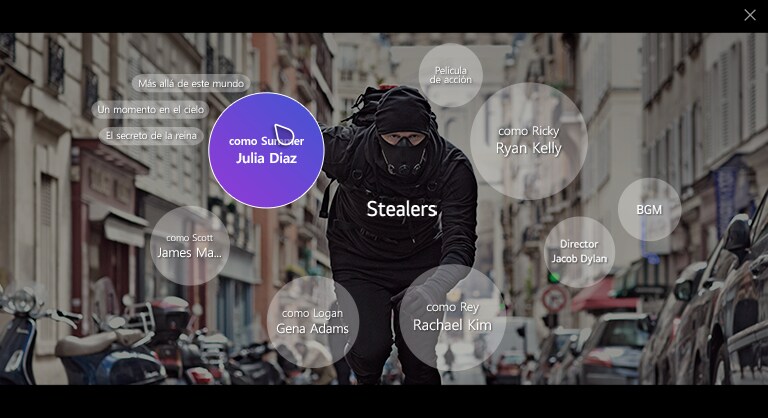 Una pantalla de televisión que muestra a un hombre montando en bicicleta con un uniforme negro y contenidos relacionados con la información, como el director, los actores, la música, etc.