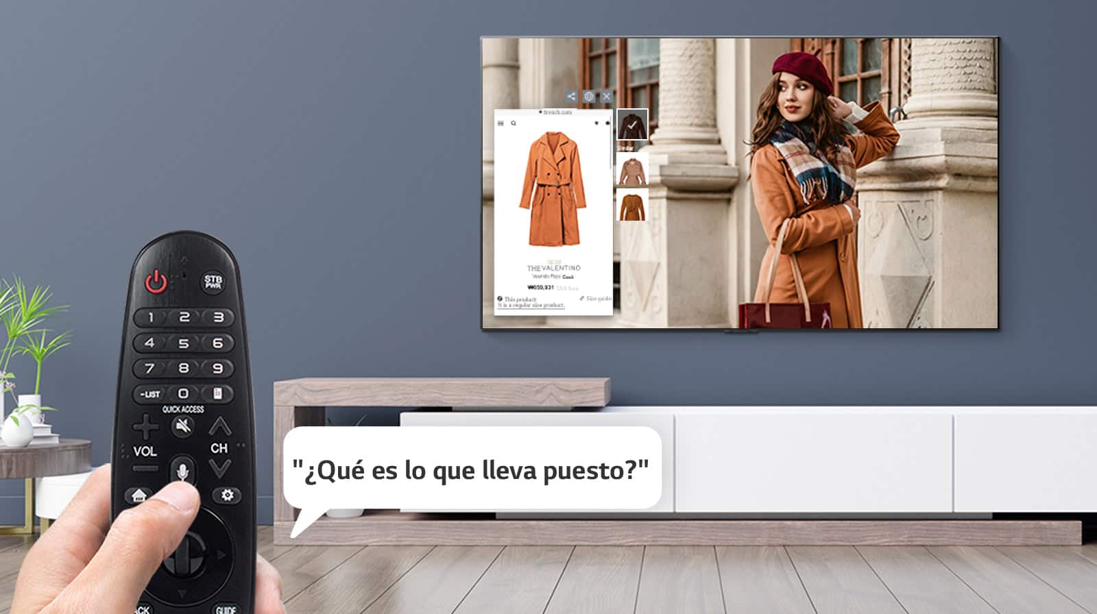 Primer plano de una mano controlando la televisión con un control remoto para preguntar qué lleva puesto una mujer en la televisión.