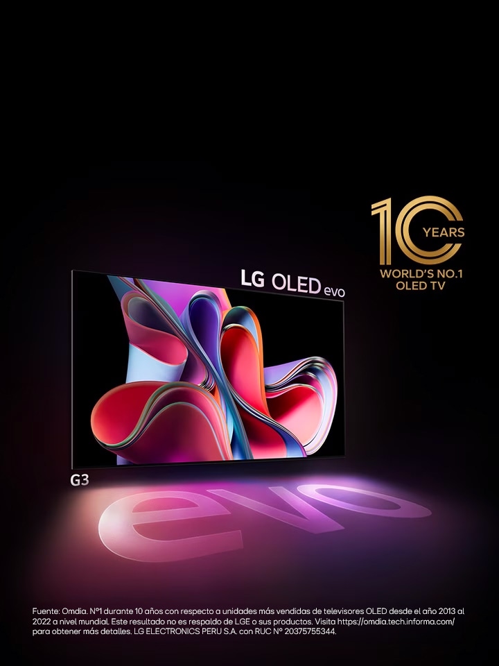 Una imagen de LG OLED G3 sobre un fondo negro que muestra una obra de arte abstracta de color rosa brillante y violeta. La pantalla proyecta una sombra colorida que presenta la palabra evo. El emblema del televisor OLED número uno del mundo por 10 años se encuentra a la izquierda de la imagen.	