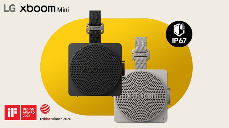 Bocinas portátiles Bluetooth compactas LG xboom Mini con clasificación IP67 y premios de diseño.