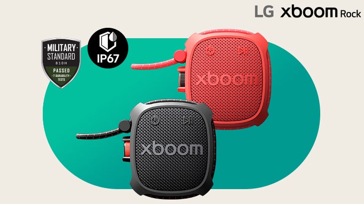 Bocina portátil resistente LG xboom Rock con IP67 y durabilidad de grado militar.