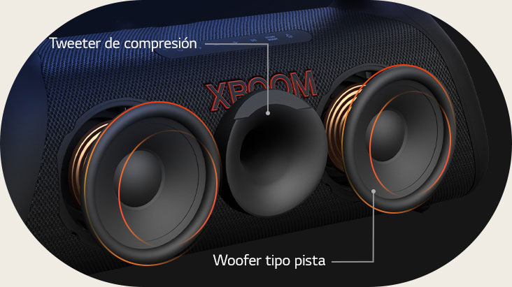 "Vista en diagonal de LG XBOOM Go XG9, que muestra su altavoz de altas frecuencias de bocina de compresión y  altavoces de graves de pista."