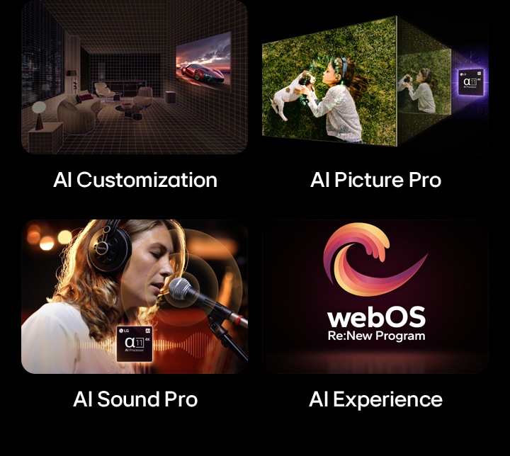 Four images are shown side by side. First, a wall-mounted LG AI TV in a dark and cozy living room. Second, an angled view of an LG AI TV, with a brightly colored graphic and an LG alpha 11 AI Processor 4K graphic behind it. Third, a woman singing into a microphone and the LG alpha 11 AI Processor 4K bottom center. Fourth, the webOS Re:New Program logo hovering on a black background.