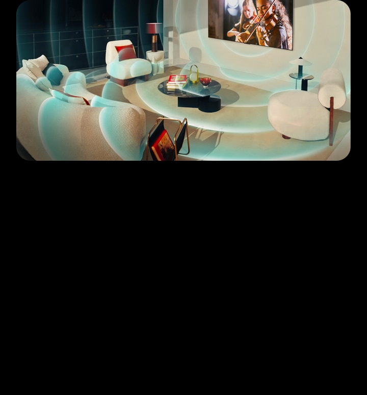 In a bright, modern living room, a wall-mounted LG AI TV turns on. Gridline graphics cover the whole room then fade, and neon circle graphics emit from the TV.