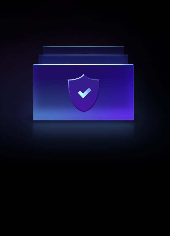 Neon graphics on a black background. Multi-Layer Security shows a shield with a tick inside on a landscape rectangle, with two more rectangles behind.