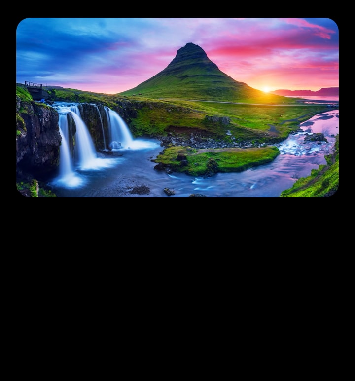 A gallery featuring 6 images of hot air balloons in the sky are shown. Two images are selected. Next, a gallery featuring 6 images of people blowing bubbles appears. 2 more are selected. A black screen appears with a pink and purple loading icon. A mystical landscape appears, and refinements appear gradually from left to right.