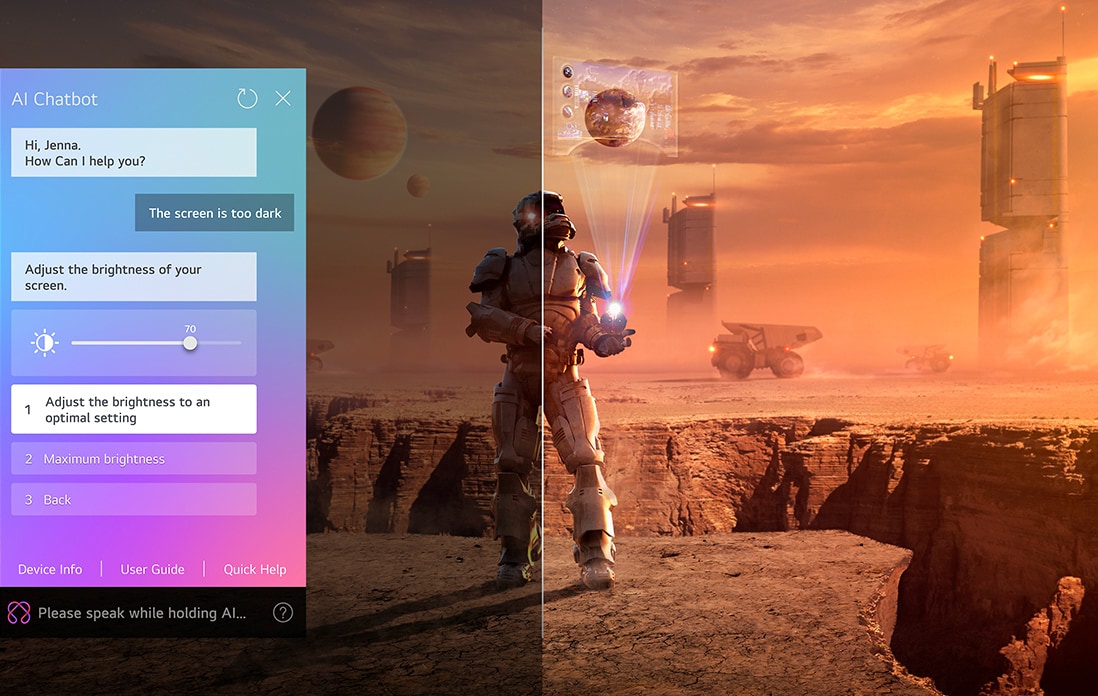Sci-fi content is playing on an LG QNED TV screen. On the screen is the AI Chatbot interface. The user messaged the chatbot saying that the screen is too dark. The chatbot offered solutions to the request. The whole scene is also split in two. One side is darker, the other side is brighter, showing how AI Chatbot solved the issue for the user automatically.