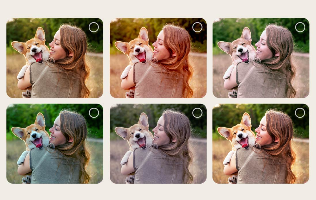 Screen of a user going through the AI Picture Wizard personalization process. Series of pictures are shown with user's selections being highlighted. A loading icon appears and a landscape image is shown being enhanced from left to right.