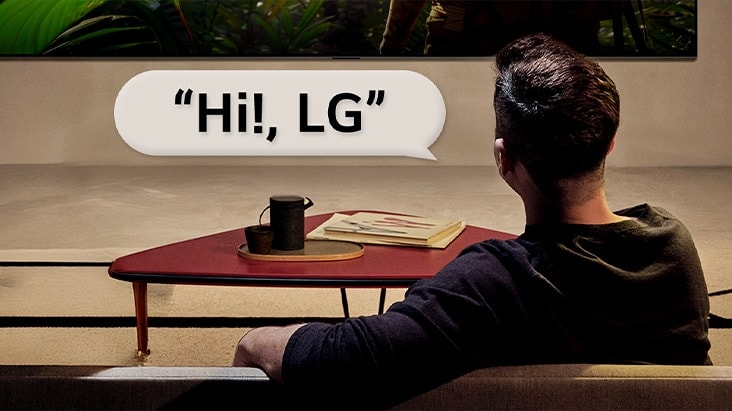 Person in their living room. Speech bubble around them showing how they're interacting with their LG TV just by saying, Hi LG.