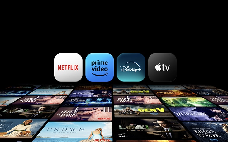 OTT streaming app icons floating on top of various movie posters.