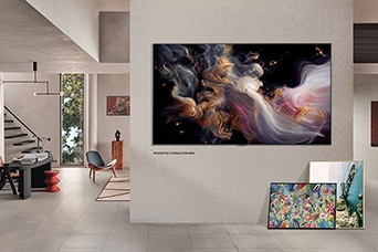 Interior of a sophisticated home. Lots of different artworks are displayed. On the center wall is an LG TV with popular artwork on the screen. The TV looks like a painting from a museum.