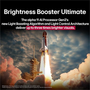 A space shuttle launching from the ground. The scene is split in the middle with one half slightly darker and duller. The other half shows how the rocket blast is remarkably bright, demonstrating how bright visuals can be on an LG OLED TV screen with the light emitting structure and lighting control architecture of Brightness Booster Ultimate.