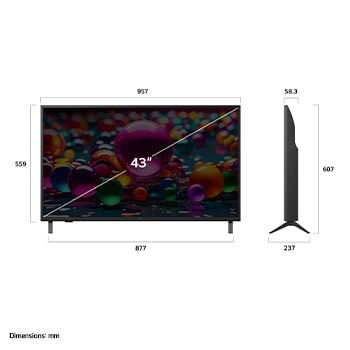 Front view and side view of LG UHD AI  UA75 4K Smart TV showing its length, width, height, and depth dimensions.