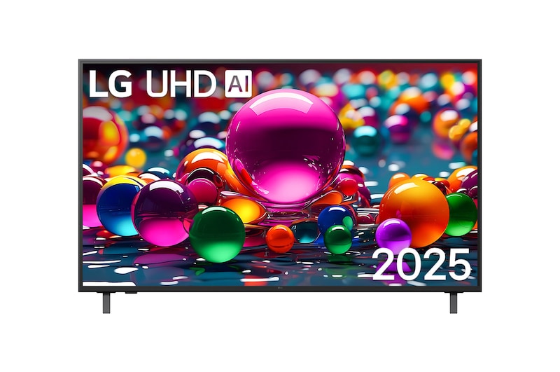 Front view of UHD UA75 TV, LG UHD Al Logo on the top corner. LG UHD TV depicts colorful paintike textures coming together.