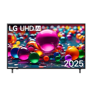 Front view of UHD UA75 TV, LG UHD Al Logo on the top corner. LG UHD TV depicts colorful paintike textures coming together.