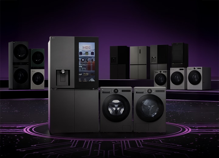 Lineup of LG home appliances including refrigerators, washing machines, dryers, and kitchen appliances displayed on a dark stage with a circuit board pattern floor