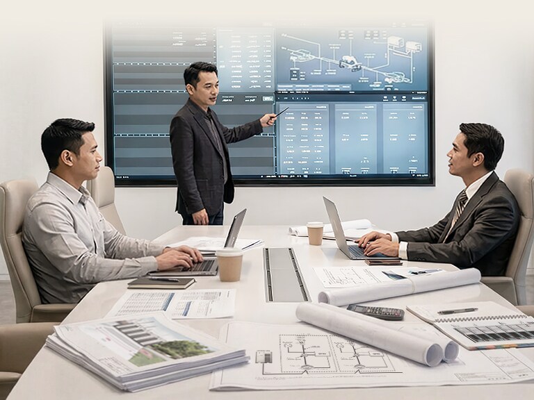 A man dressed in a white shirt and a hard hat is observed studying a blueprint, with gray buildings visible in the background.