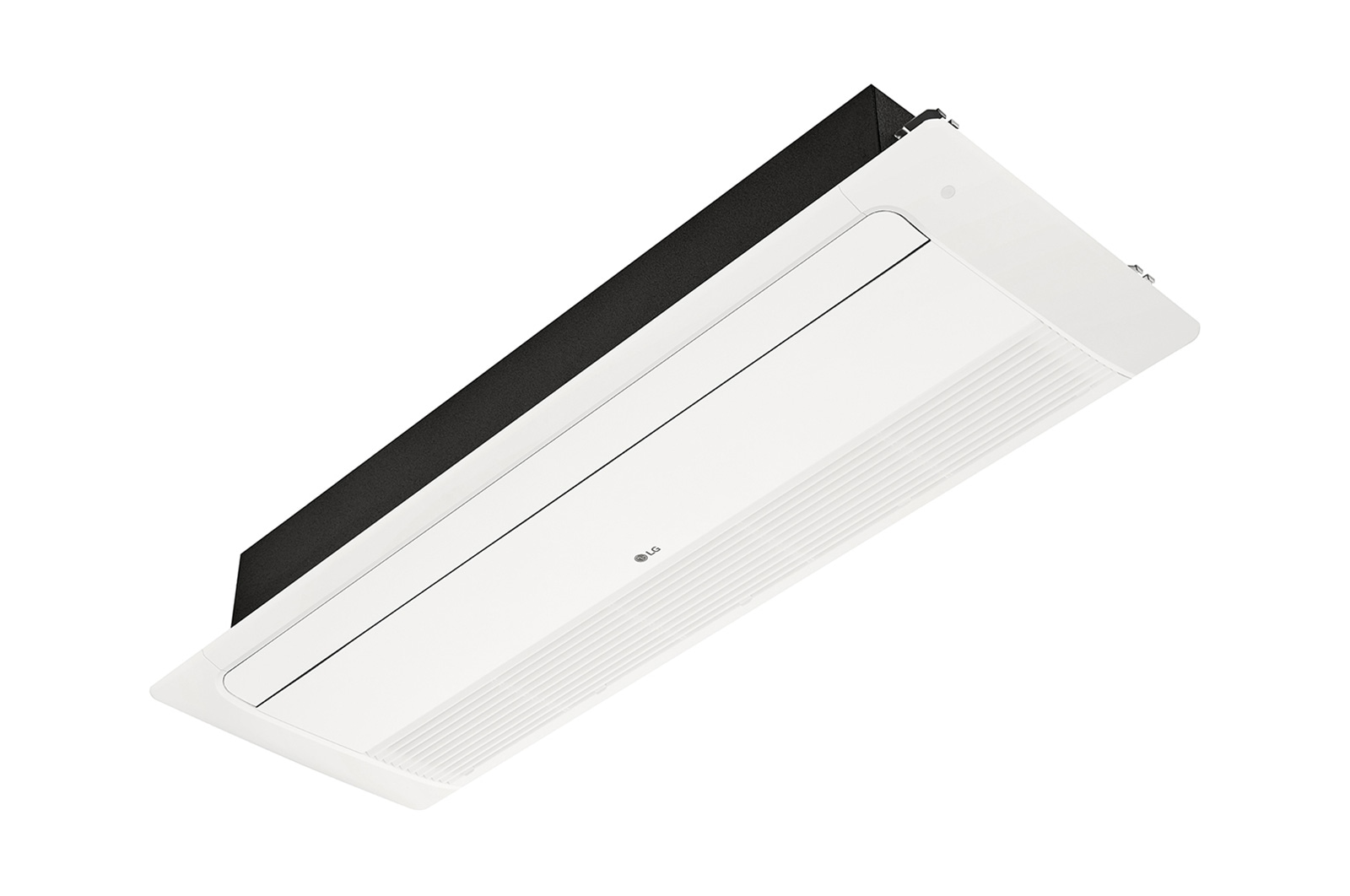 LG Ceiling Cassette ARNU24GTTB4 is rectangular and has a black rectangular parallelepiped at the bottom. There's a movable pan at the front and a long hole at the back so air can come in and out.