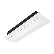LG Ceiling Cassette ARNU24GTTB4 is rectangular and has a black rectangular parallelepiped at the bottom. There's a movable pan at the front and a long hole at the back so air can come in and out.