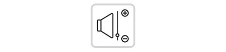 A speaker with a volume adjuster line on the right side with a + sign on the top and a - sign on the bottom. The adjuster button is on the bottom indicating low noise.