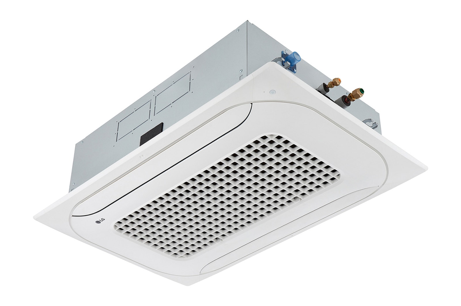 LG Ceiling Cassette ARNU09GTSA4 is a white plate under the silver box. The plate has two aisles to enable two-way air flow.