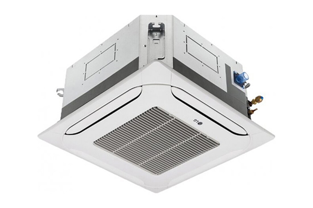 'LG Ceiling Cassette ARNU18GTQB4 consists of a gray top and a white bottom. At the bottom, there are fans in each of the four directions, so air can flow.