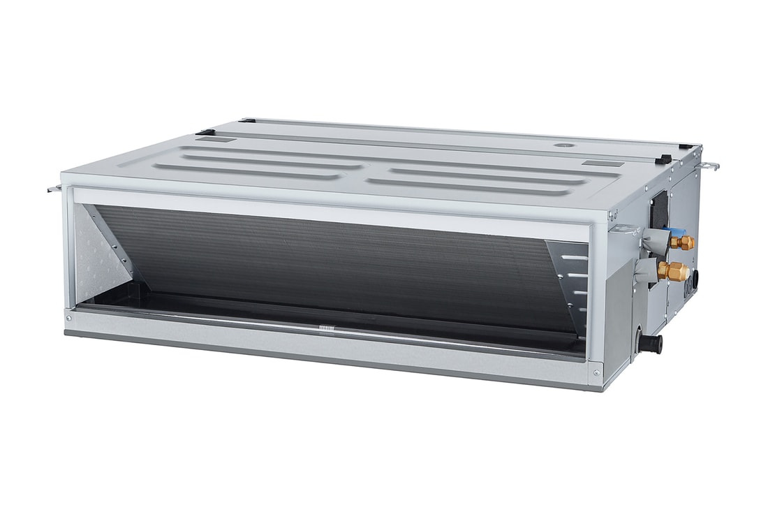 LG Concealed Duct ARNU09GM1A4 is a gray rectangular parallelepiped with some air inlets on the right side and an air outlet vent on the front.