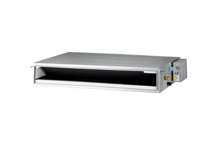 'LG Concealed Duct ARNU15GL2G4 is a gray rectangular parallelepiped with some air inlets on the right side and an air outlet vent on the front.