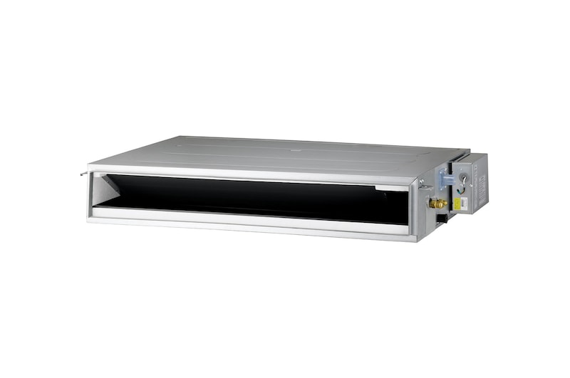'LG Concealed Duct ARNU21GL3G4 is a gray rectangular parallelepiped with some air inlets on the right side and an air outlet vent on the front.