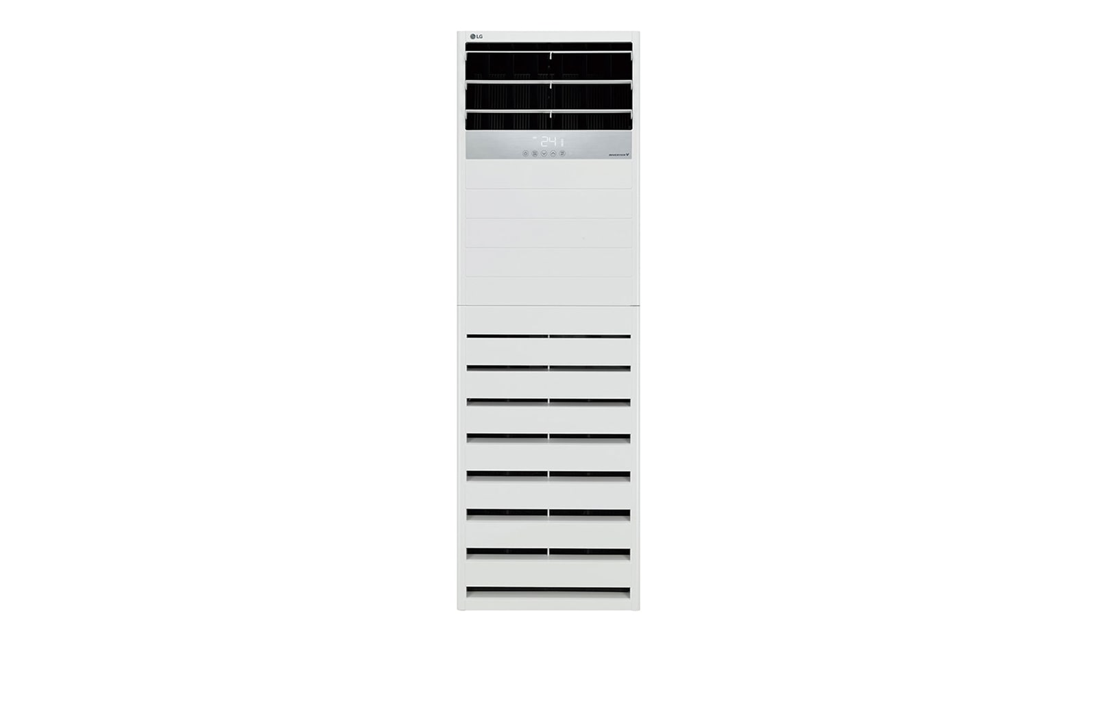 LG Floor Standing ARNU48GPTA4 is a tall rectangular shape and has air outlets with filter on the top and bottom.	