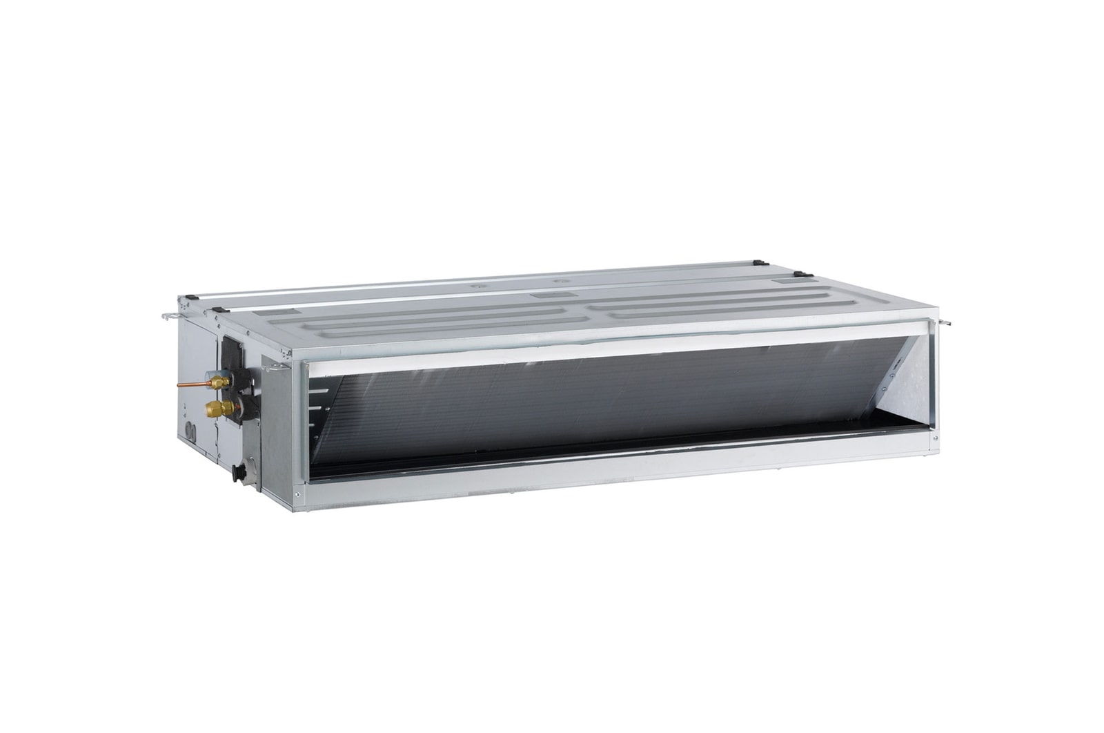 LG Concealed Duct ARNU48GM3Z4 is a gray rectangular parallelepiped with some air inlets on the right side and an small air outlet vent on the front.