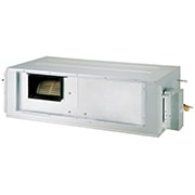 LG Concealed Duct ARNU76GB8Z4 is a gray rectangular parallelepiped with some air inlets on the right side and an small air outlet vent on the front.